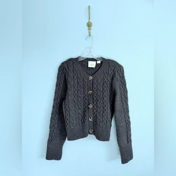 Maeve Anthropologie Cable Knit Cardigan Sweater, Charcoal Gray - Picture 3 of 6